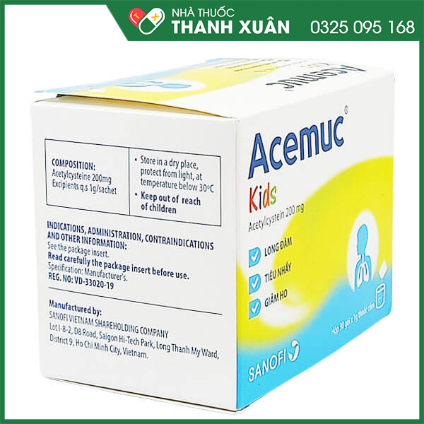 Acemuc kids 200mg hộp 30 gói tiêu chất nhầy